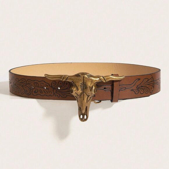 Brown Western Style Women's faux Leather Cowgirl Belt with Antique Gold Buckle - Picture 2 of 4